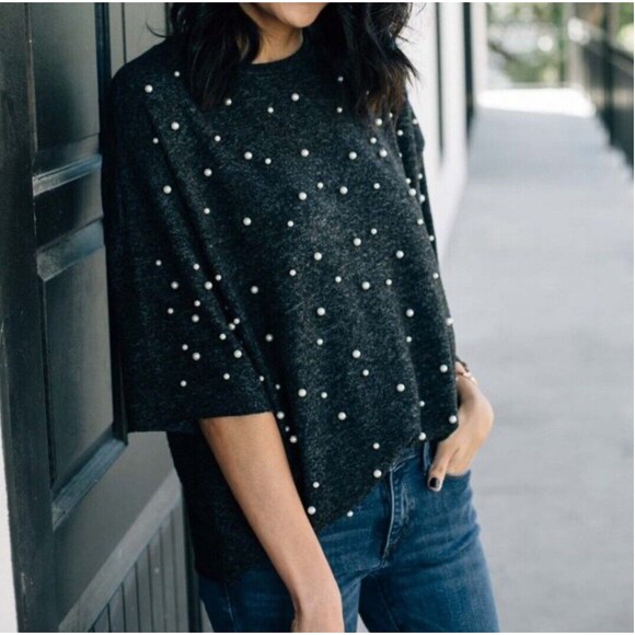 ZARA Pearl Buttery Soft Touch Sweater Charcoal Grey Oversized 3/4 Sleeves SZ S - Picture 1 of 12